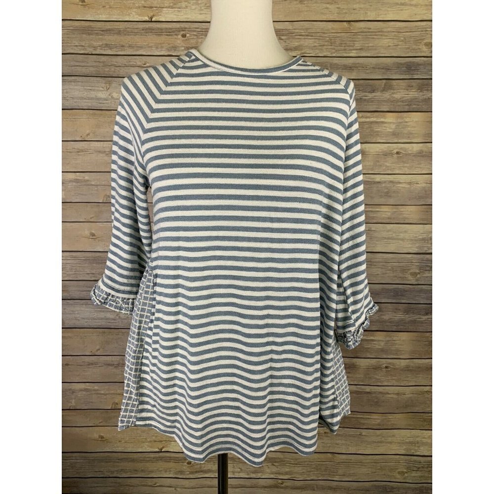 Wonderland By Orange Small Top Blue White Stripe Plaid Blocked Blouse